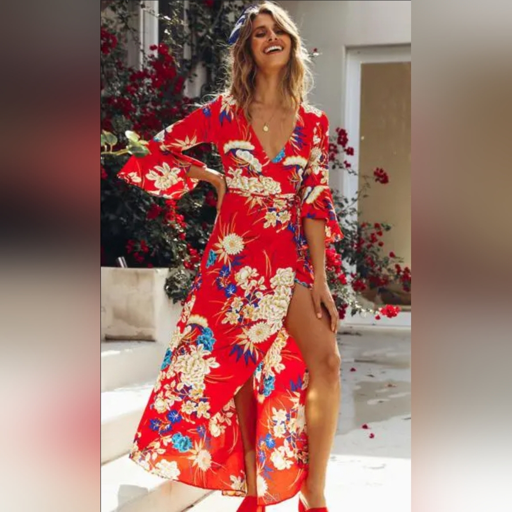 Maxi Wrap Dress Floral Red Size Small